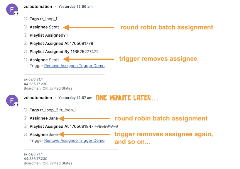 Assignment loop ticket events history example