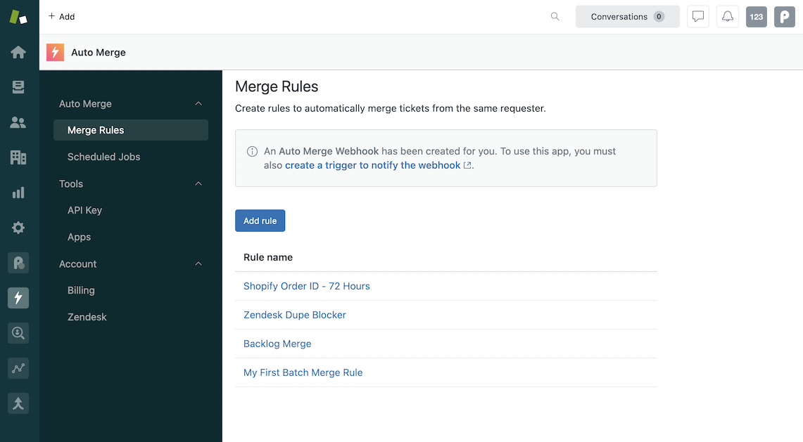 App setup - merge rules list