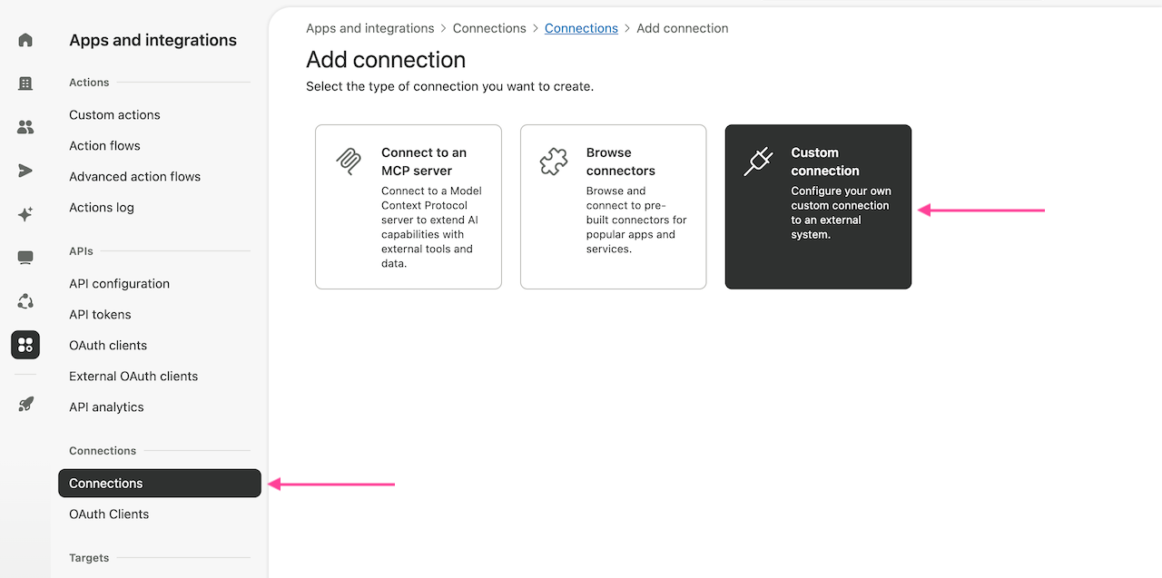 Add connection page with Custom connection selected