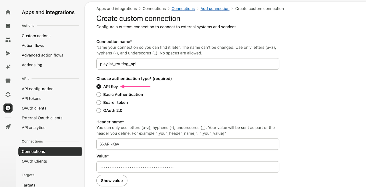 Create custom connection form with connection name, API Key authentication, and header name