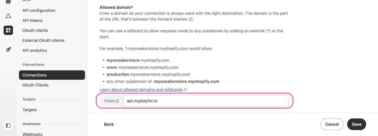 API key value and allowed domain fields