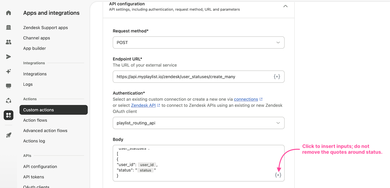 API configuration with endpoint URL, connection, and request body