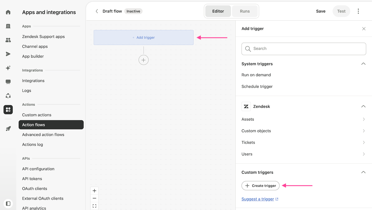 Add trigger panel with the Create trigger button