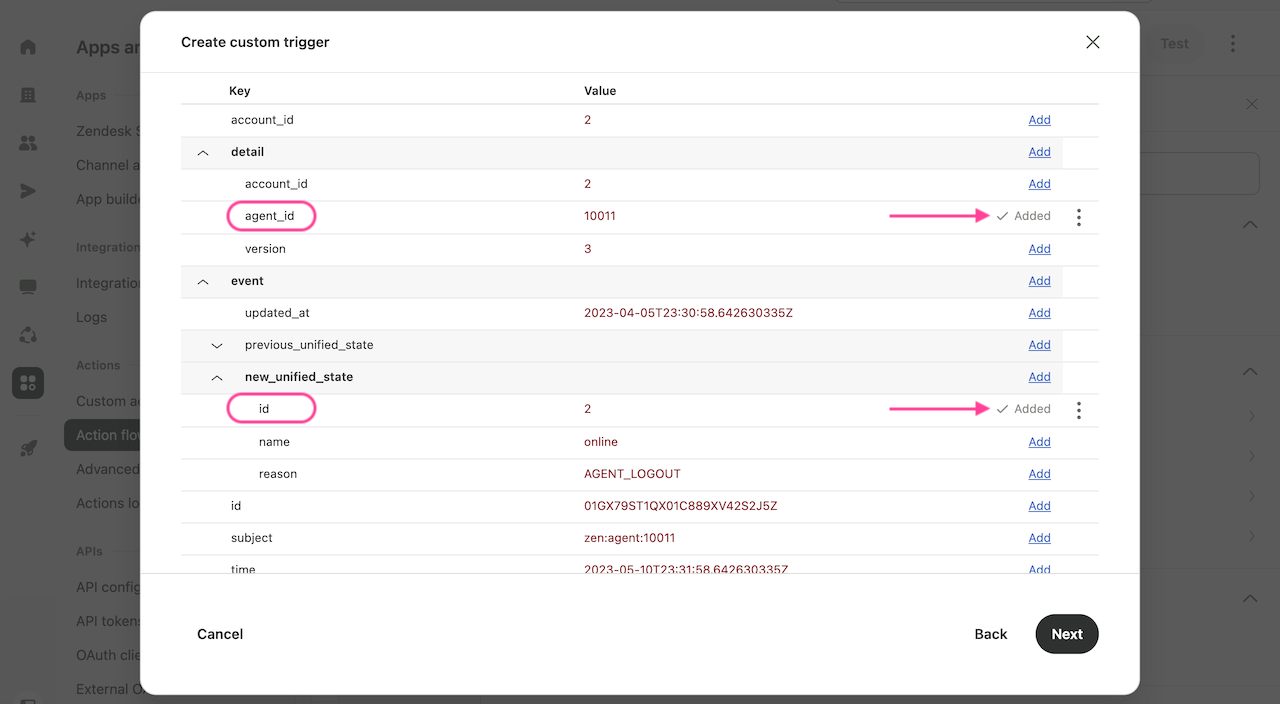 Payload fields with agent_id and new_unified_state id added