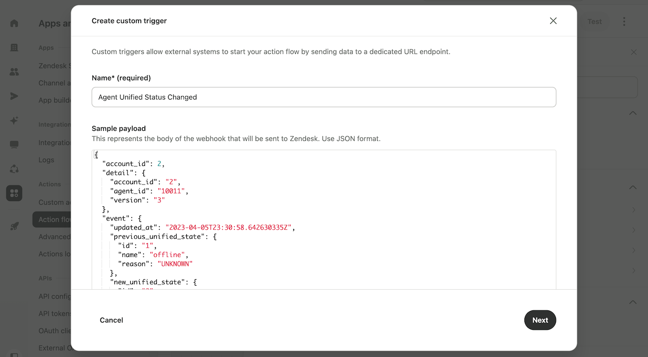Create custom trigger with name and sample payload