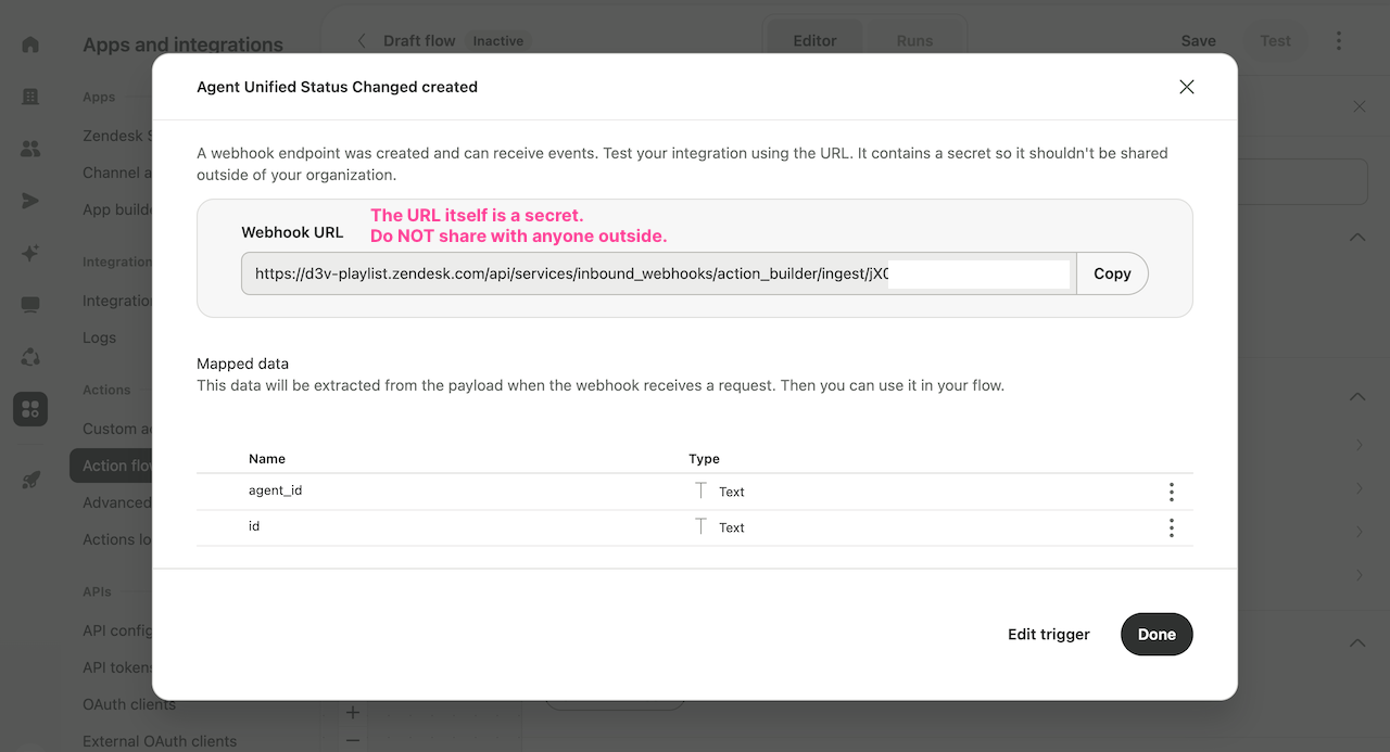 Trigger created with the webhook URL and mapped data