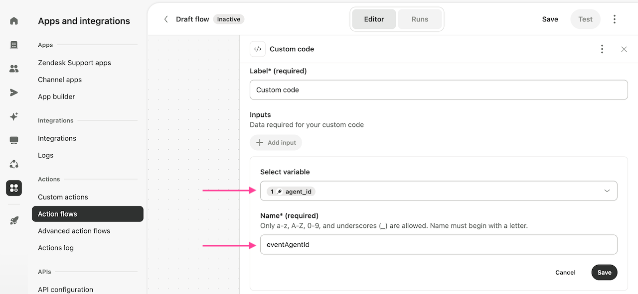 Custom code input for agent_id named eventAgentId