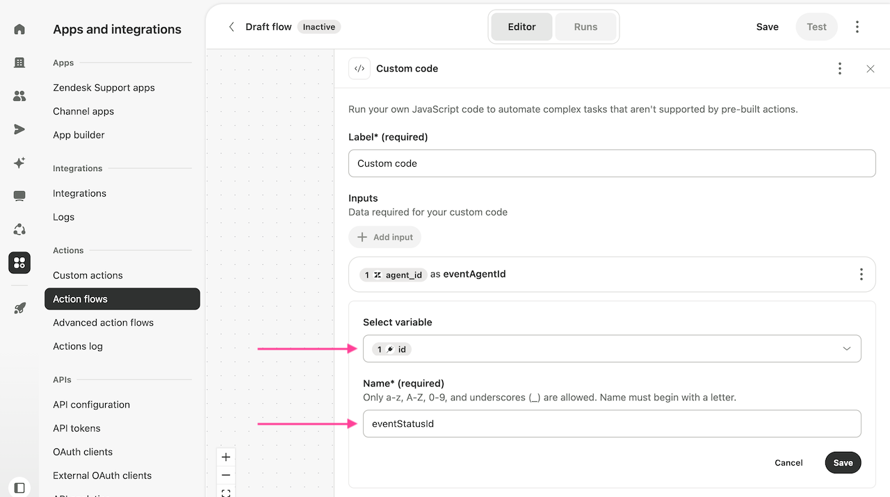 Custom code input for id named eventStatusId