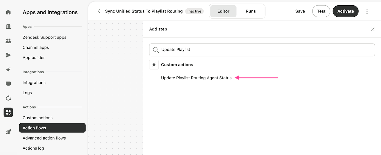 Add step search showing the Update Playlist Routing agent status custom action