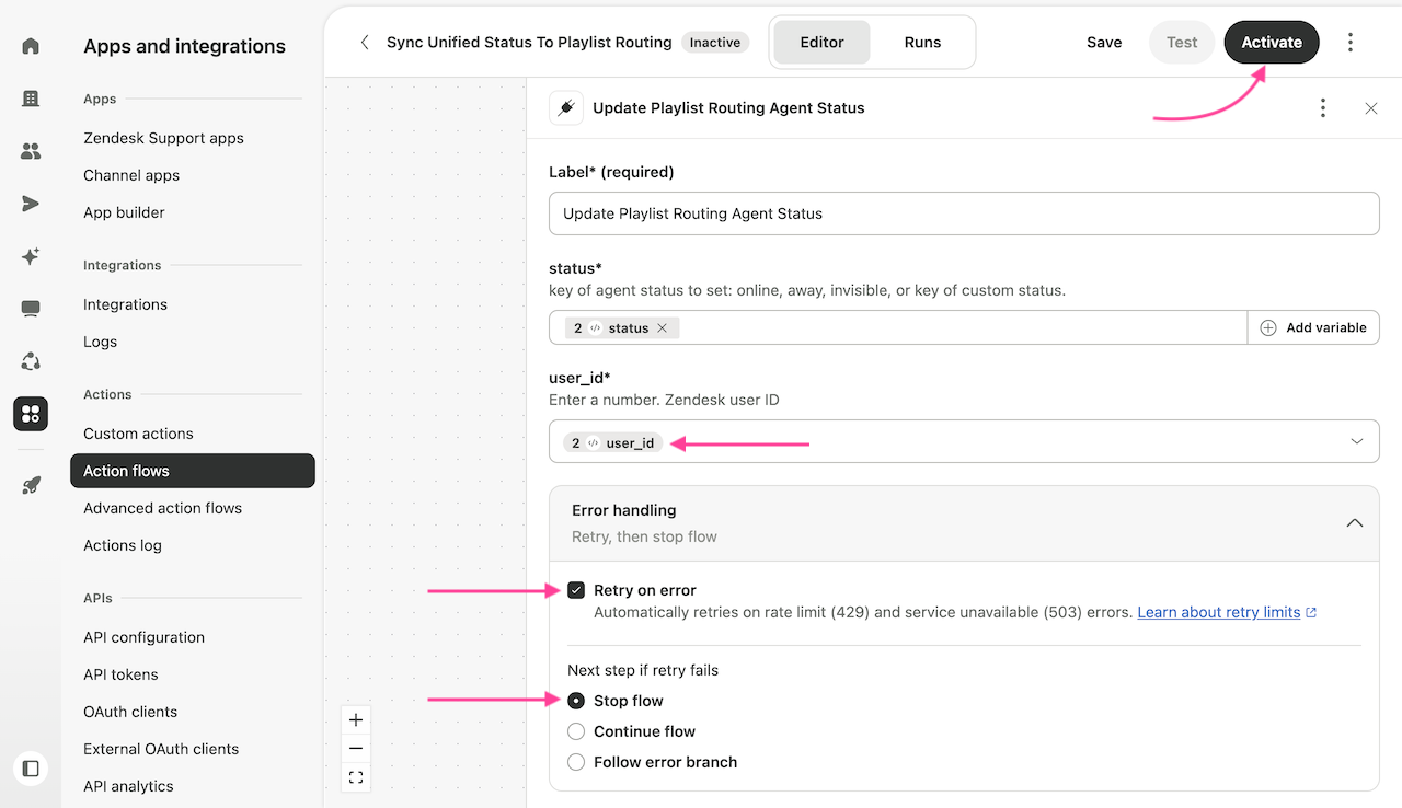 Custom action step with status and user_id variables mapped