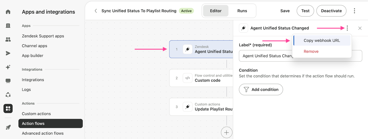 Trigger options menu with Copy webhook URL