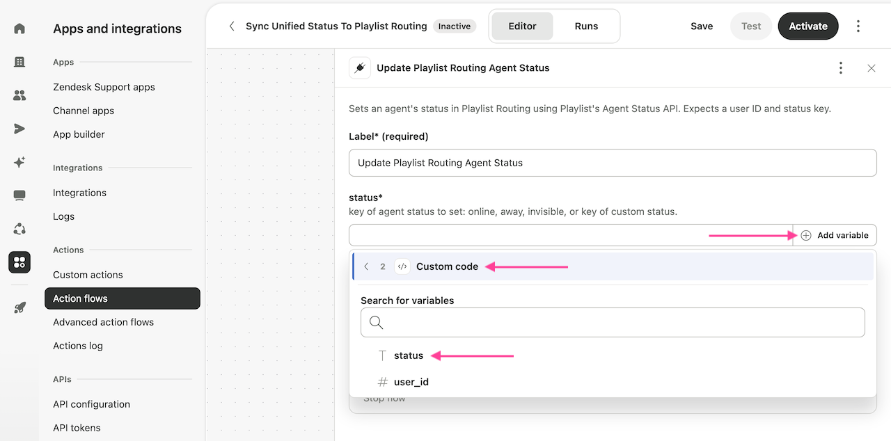 Selecting the status variable from the custom code step